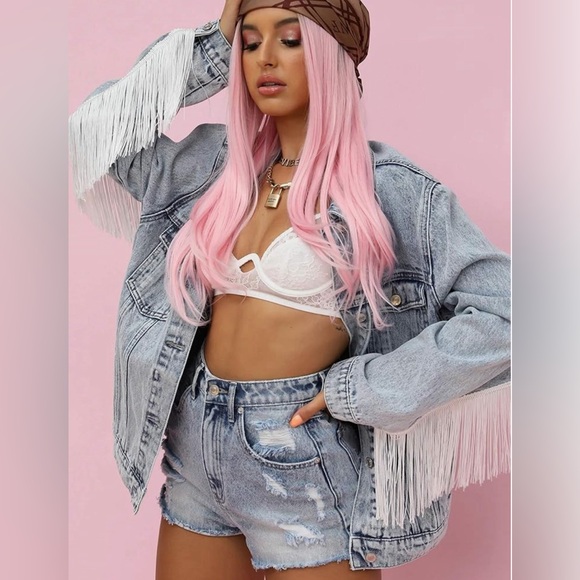 *NEW* Oversized Fringe Denim Jacket Size Large - Picture 3 of 16